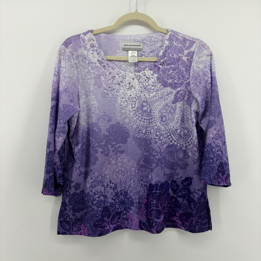 Alfred Dunner Petite Small Purple Ombre Floral Paisley Rhinestone Top 3/4 Sleeve